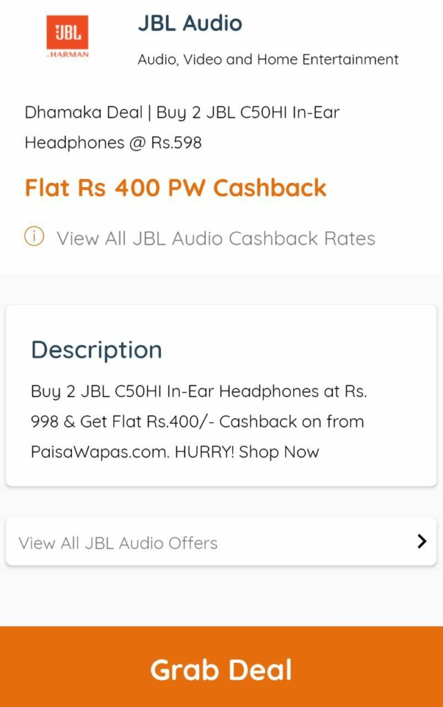 Paisa Wapas Offer - Get Rs.400 PW Cashback On Min. Buy of Rs.799 on JBL.com
