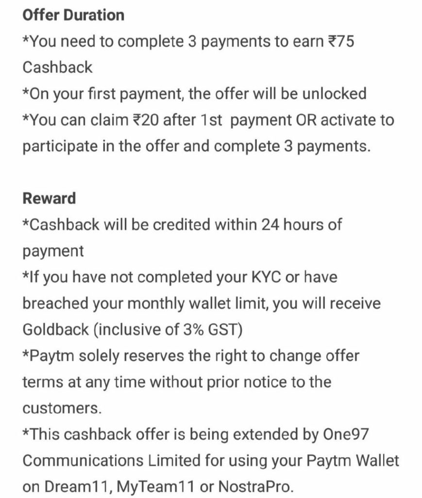 Get Rs.75 Paytm Cashback Completing 3 Transaction of Rs.75 & More At Dream11, My Team11 And Nostra Pro (Specific)