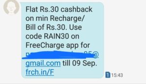 Freecharge - Get Rs.30 Cashback On Recharge Of Rs.30 (Specific Users)
