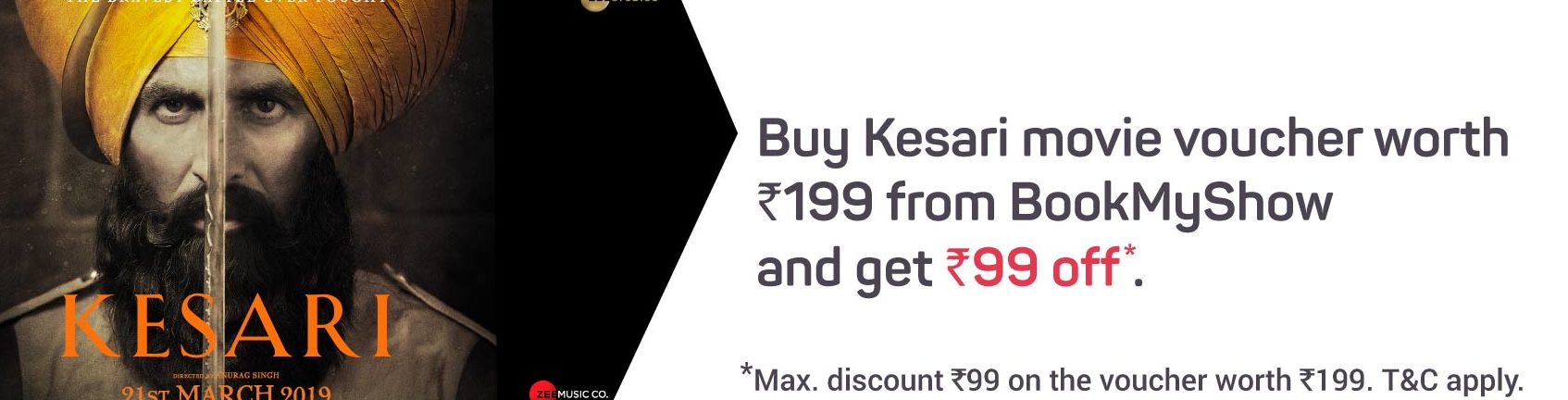 Bookmyshow Offer - Pay Rs.100 to Get a Kesari Movie Voucher Worth Rs.199