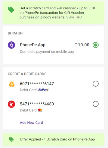 Get Scratch Card Upto 10 on First Two PhonePe Transaction on Zingoy Website