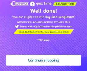 Today Amazon Quiz Answer - Amazon Quiz Time Daily 9th march 2019 Amazon Quiz