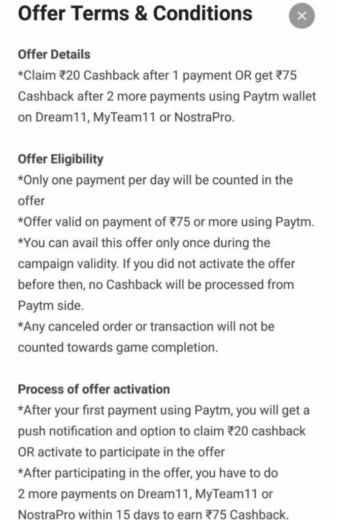 Get Rs.75 Paytm Cashback Completing 3 Transaction of Rs.75 & More At Dream11, My Team11 And Nostra Pro (Specific)