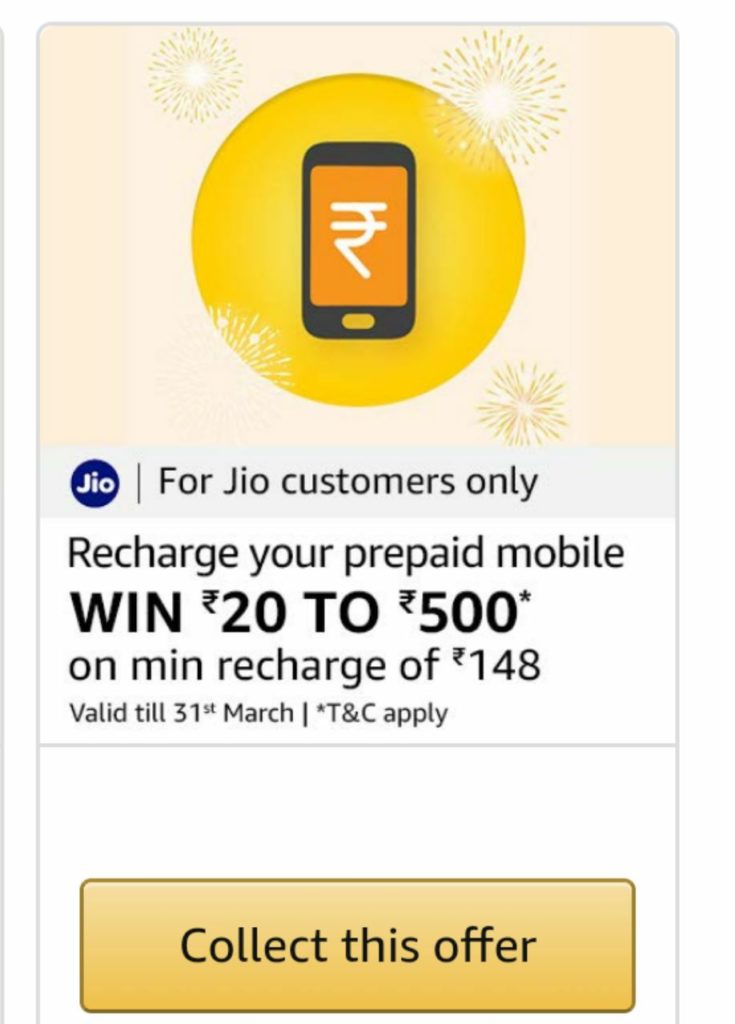 Amazon Jio Recharge Offer - Get Upto Rs.500 Cashback on  Recharge Rs.148 & more 