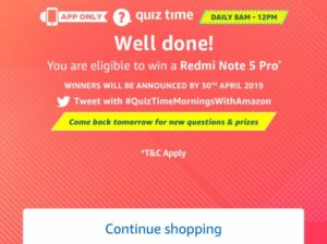 Today Amazon Quiz Answer - Amazon Quiz Time Daily 6th march 2019 Amazon Quiz