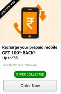 Amazon - Flat 100% Cashback Upto Rs.35 on Prepaid Recharge Using Amazon Pay (User Specific)