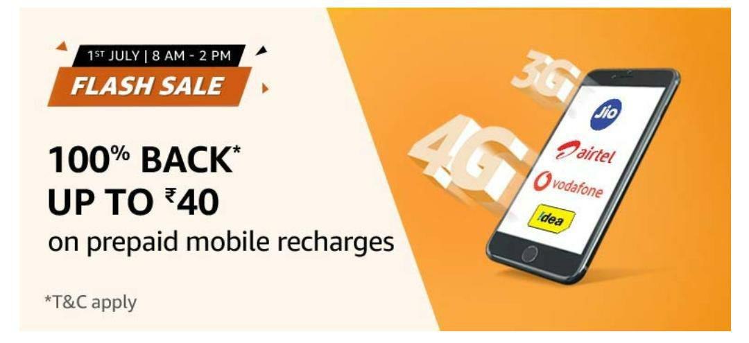 Amazon Recharge Sale - Get Rs.40 Recharge Free between 8AM – 2PM on 1st July