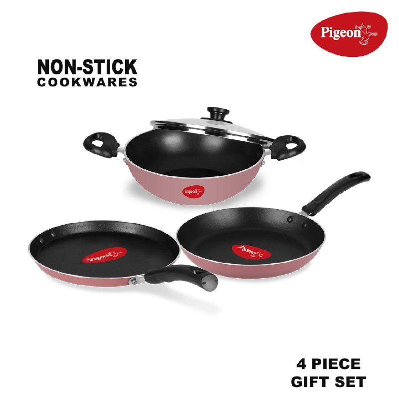 Amazon deals - Pigeon by Stovekraft Basics Aluminium Nonstick Cookware Set, Set of 3 (with one lid), Pink @Rs.899 (MRP. 3295)