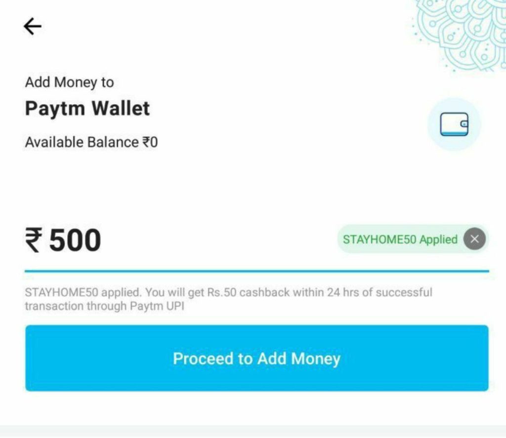 Paytm Add Money Offer - Add Rs.500 & Get Rs.50 Cashback (Account Specific)